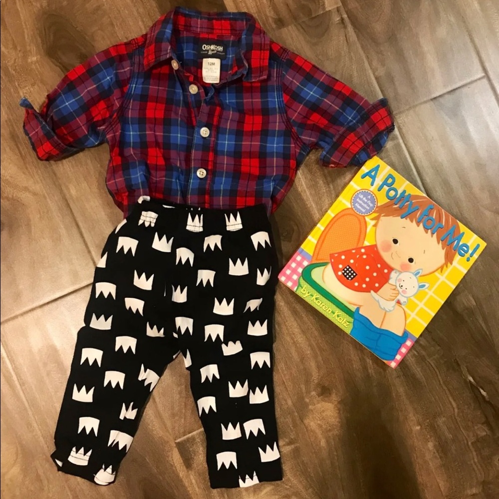 OshKosh Plaid Shirt+nununu style pant+a book